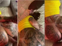 Anny Alves, llena de tatuajes, se balancea como una estrella del porno en la cama grabando un vídeo candente con un tío bien dotado