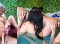 Grupo de mujeres divirtiéndose en la piscina, donde Kau Martini y sus amigas se besan y se divierten juntas