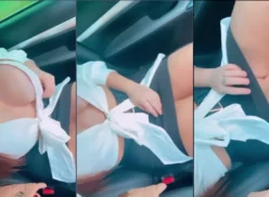 Michelly Ruiva mostrando su coño pelirrojo con falda sin bragas en el auto