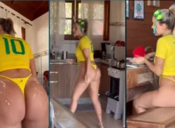 Tuani Basotti, brasileña, presume su sensualidad luciendo una camiseta brasileña y un tanga que resalta sus curvas