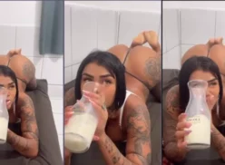 Dessa Delle haciendo un video privado muy caliente tomando leche, en micro bragas y con el culo respingón