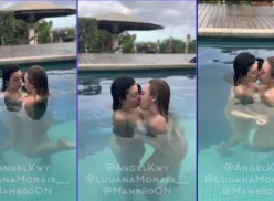 Luana Morais y Angel Kwy grabando vídeo juntos en la piscina en bañador