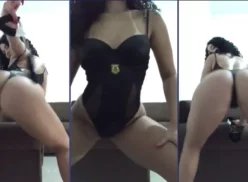 Mirian Gabriela, famosa de onlyfans, luciendo provocativas bragas en sensual performance en la sala