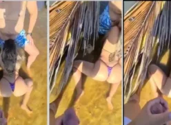 Mujer rubia divirtiéndose con amigos en un río mientras su marido está en el trabajo