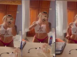 Natalia Radatz mostrando sus tetas y su coño en el espejo con bragas a un lado