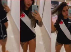 Vascaina Paulla Naianna mostrando todo con camiseta de Vasco y sin bragas en el reflejo del espejo