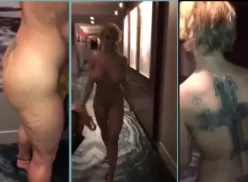 Una esposa amateur a la que le gusta lucirse camina desnuda por los pasillos del hotel