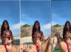 Mujer inexperta fumando marihuana y usando bikini en la playa