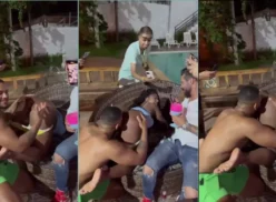 Mulatto brasileño recibiendo oral en coño y culo de cuatro en una celebración con amigos