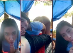 Novia dando una mamada amateur dentro de la tienda durante el camping