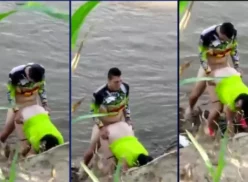 Pareja sin experiencia atrapada y grabada follando por el río