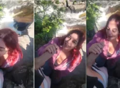 Pelirroja de amadora follando oral caliente en un hombre al aire libre, en una cascada